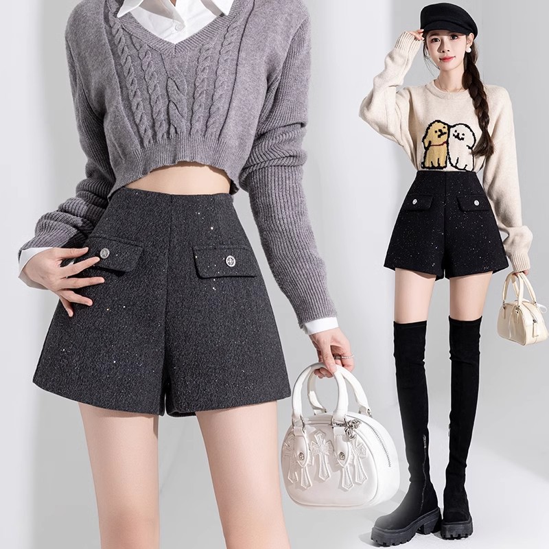 チャイナ服 フロントポケット付きハイウエストウールショートパンツ