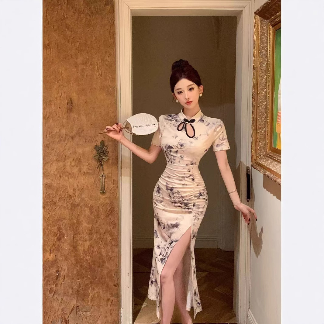 チャイナ服 水墨花柄リボン襟チャイナ服ロングドレス