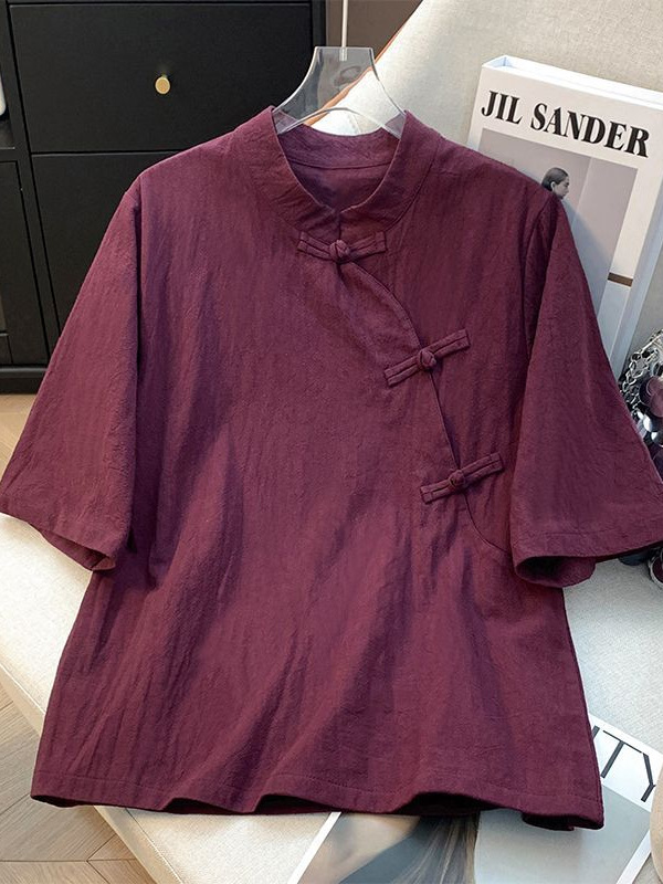 チャイナ服 チャイナ風スタンドカラー飾りボタン半袖シャツ