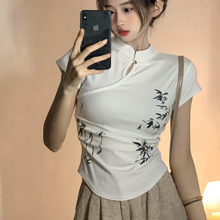 チャイナ服 竹刺繍入り立ち襟チャイナ風半袖シャツ