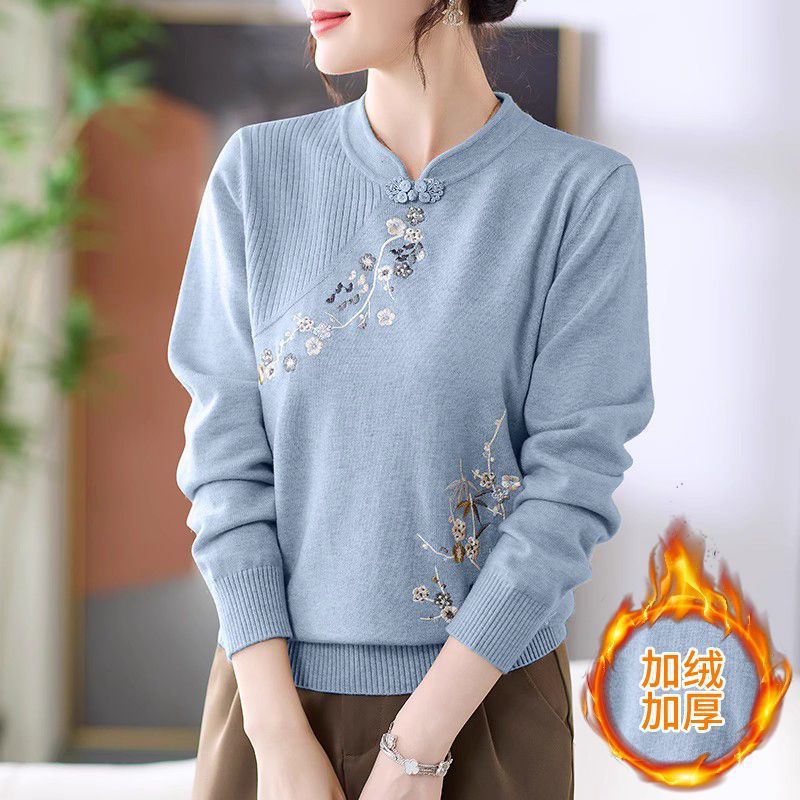 チャイナ服 花鳥刺繍装飾チャイナ襟ニットブラウス