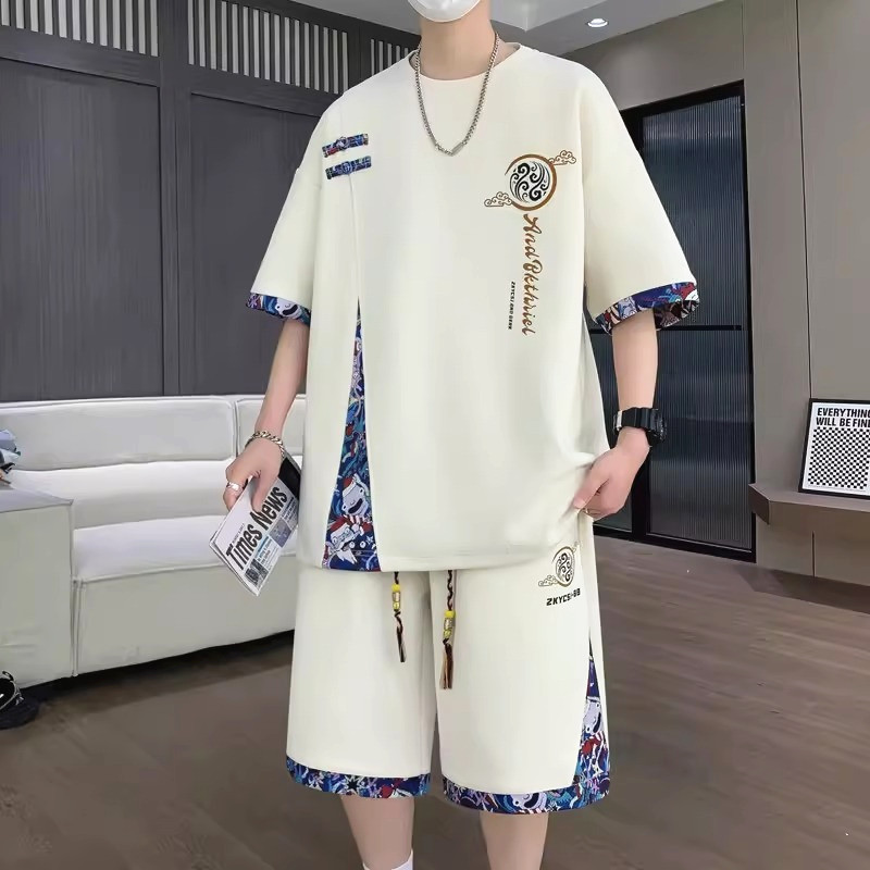 チャイナ服 和柄切替チャイナ風半袖上下セットアップ