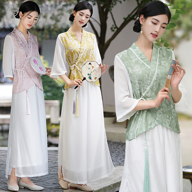 チャイナ服 花柄刺繍ベスト付き和風チャイナワンピース