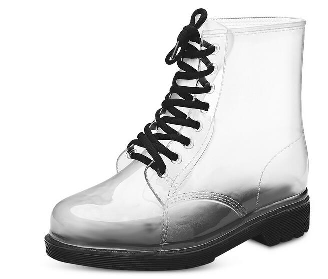 長靴レディース透明韓国風歩きやすいレースアップブーツ