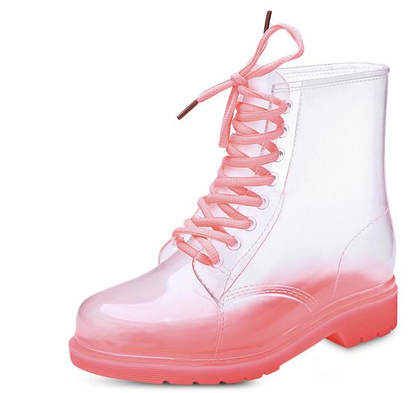 長靴レディース透明韓国風歩きやすいレースアップブーツ
