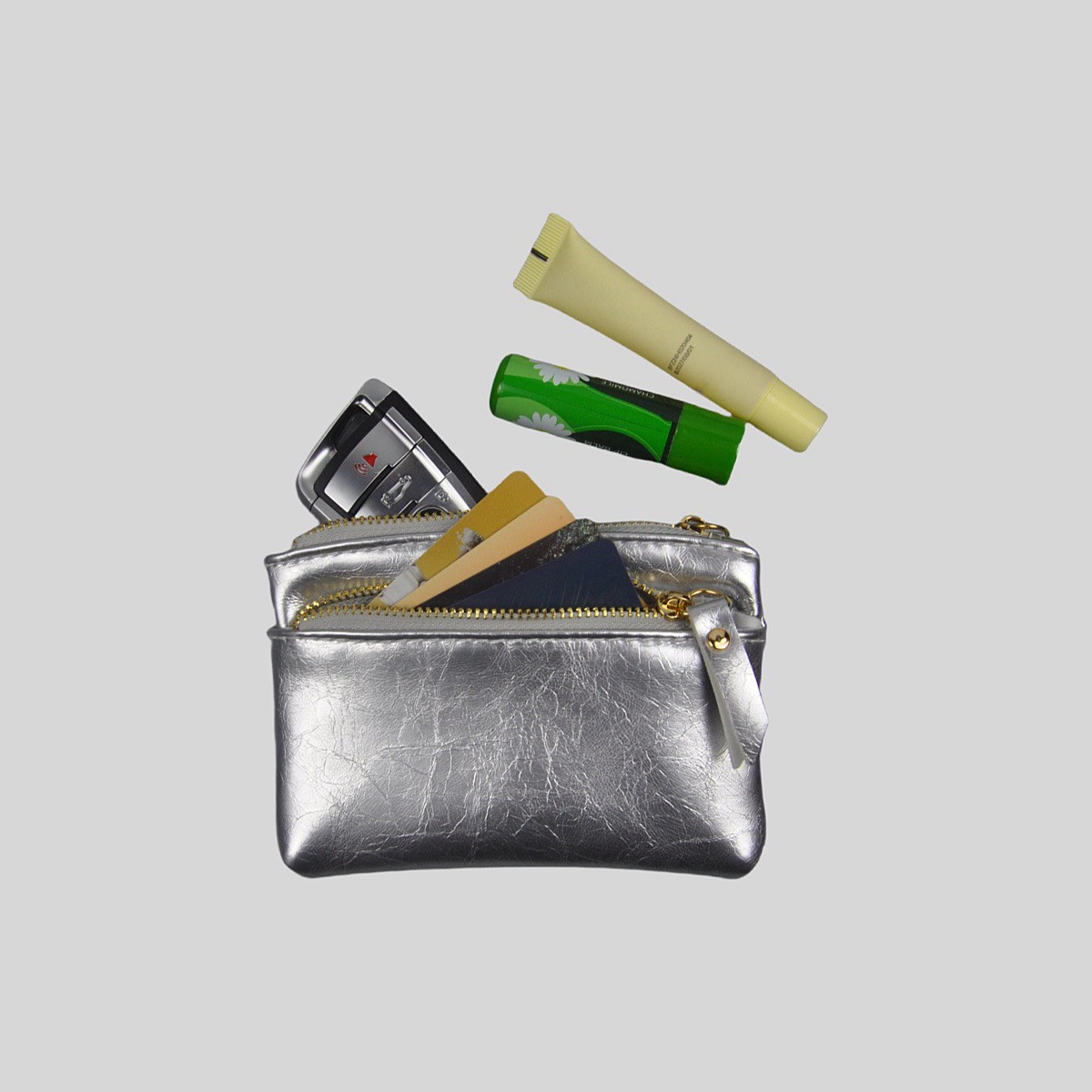 メタリック調合成革多機能ダブルファスナーコインケース