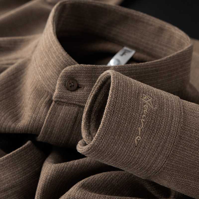 上質リネン混ノーカラーシャツ