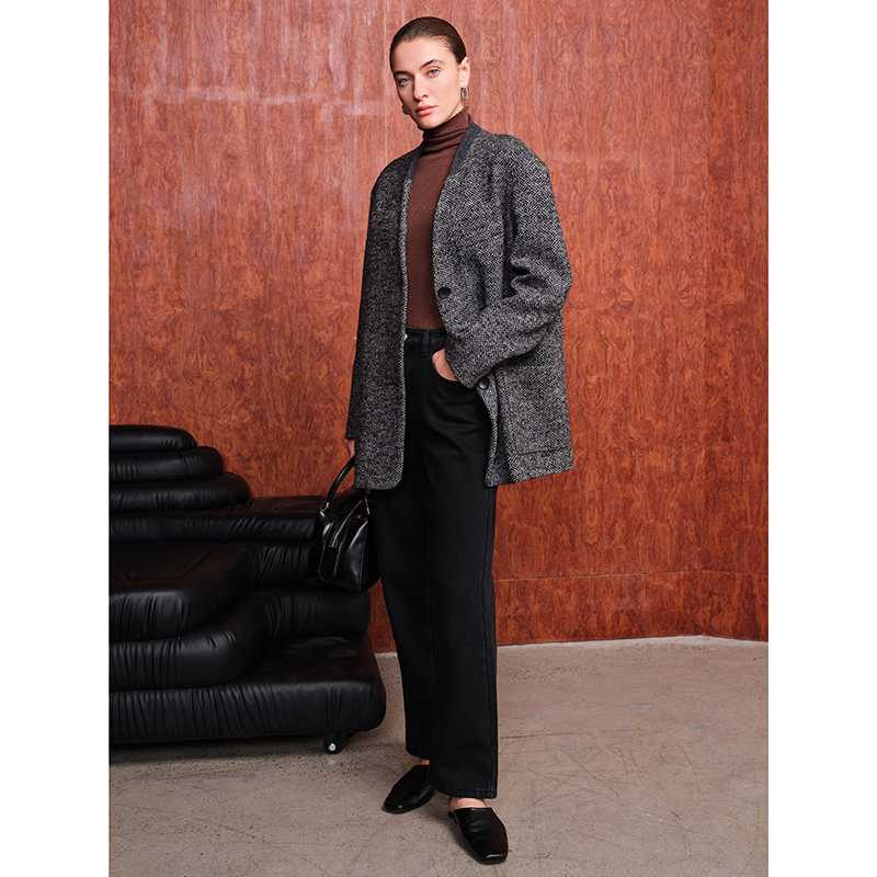 ノーカラージャケット ウール混合 ノーカラーロングジャケット