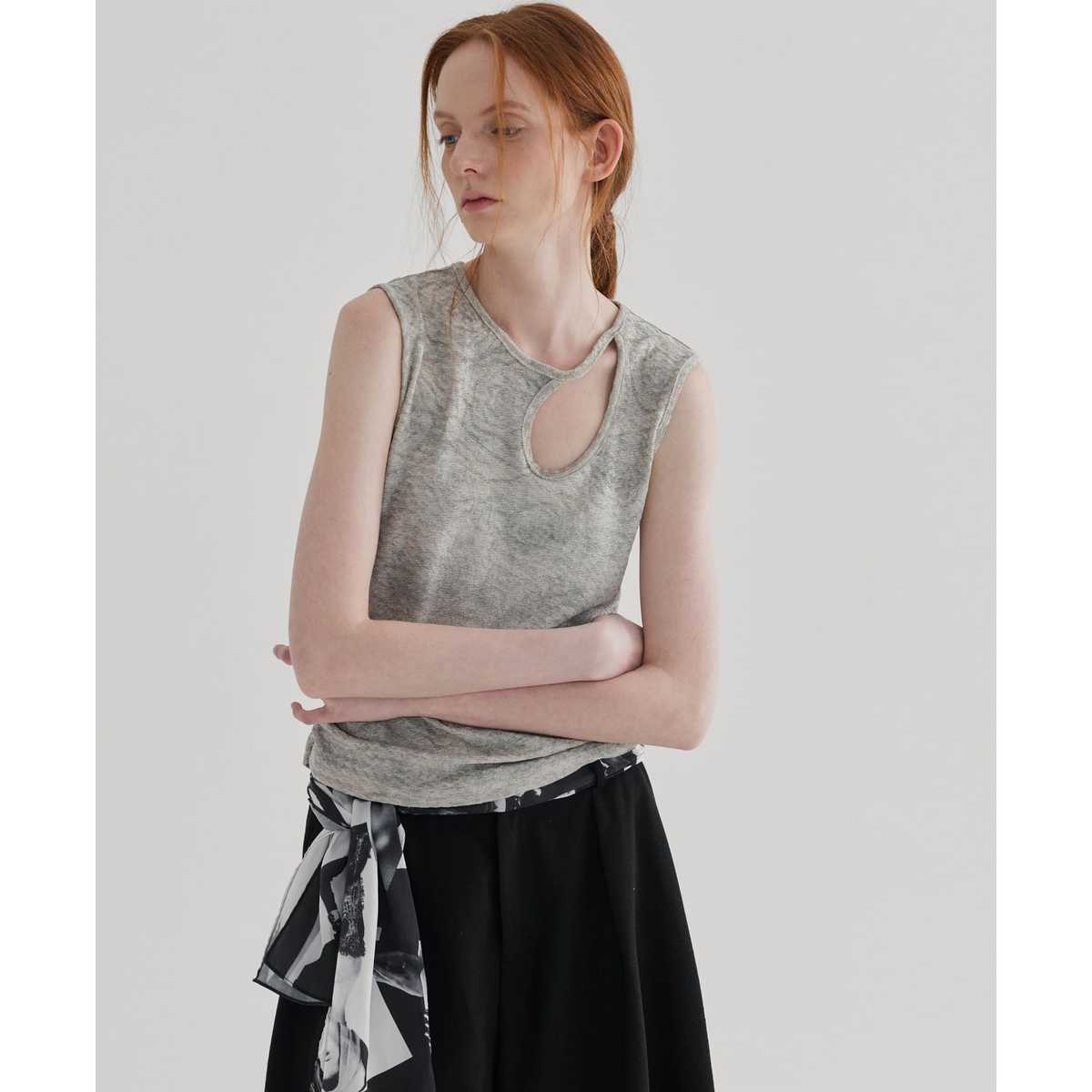 ノーカラージャケット アシンメトリー切替ノースリーブニット