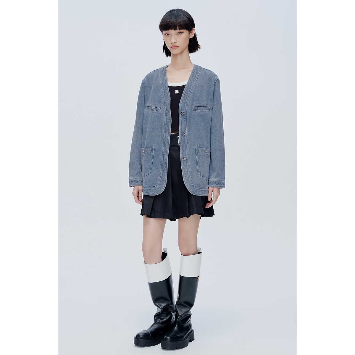 シンプルデニムノーカラージャケット