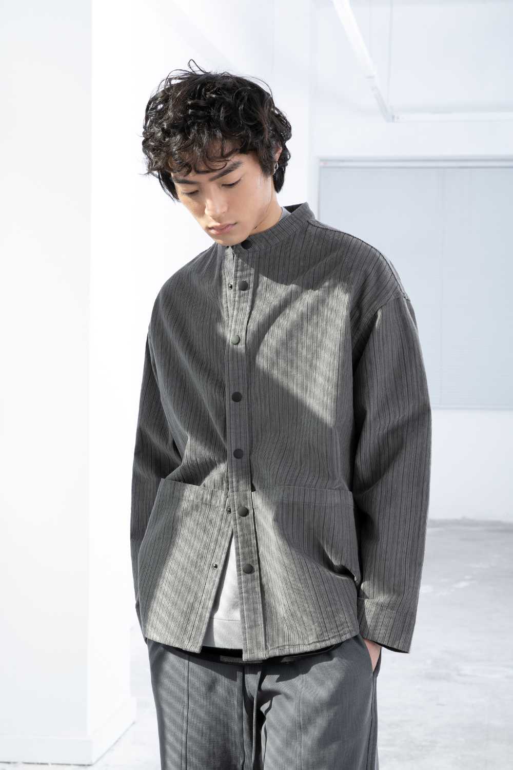 ノーカラージャケット 立ち襟リブ織りジャケット