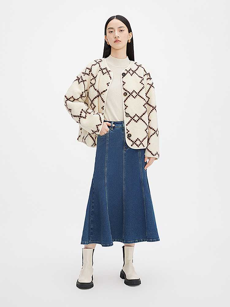 もこもこダイヤ柄ノーカラージャケット