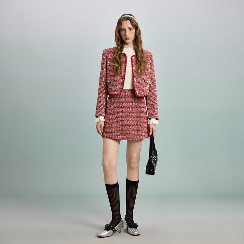 ノーカラージャケット 上品ツイード調セットアップ