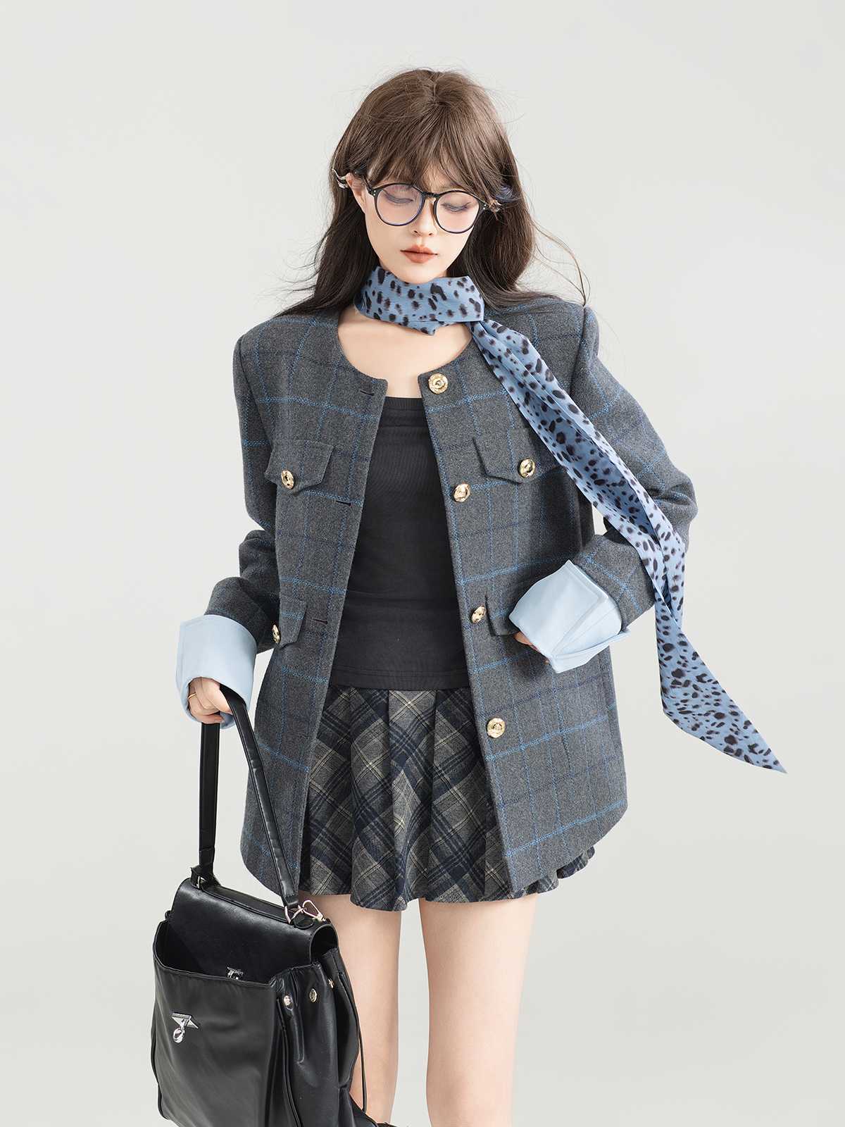 上質チェック柄ノーカラージャケット