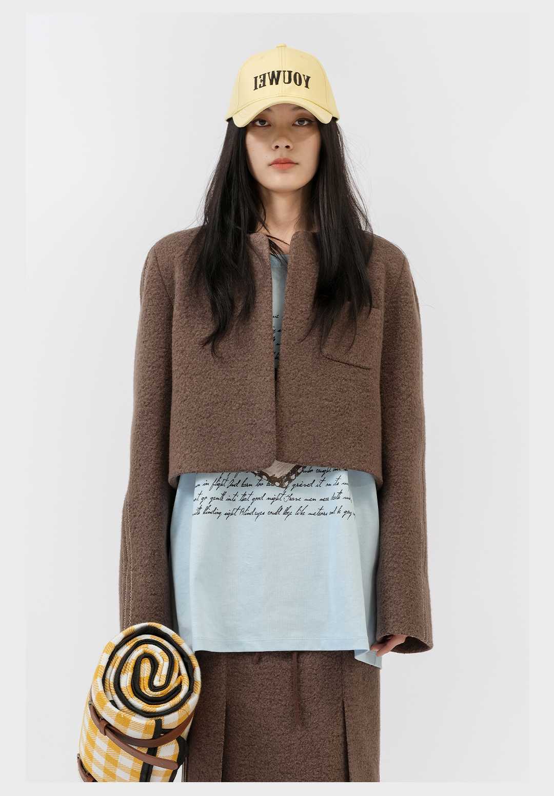 ノーカラージャケット ウォーム質感クロップドジャケット