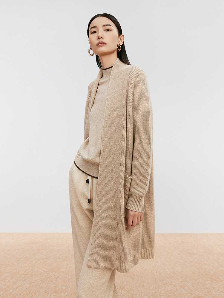 ノーカラージャケット 上質リブ編みロング丈羽織りニット