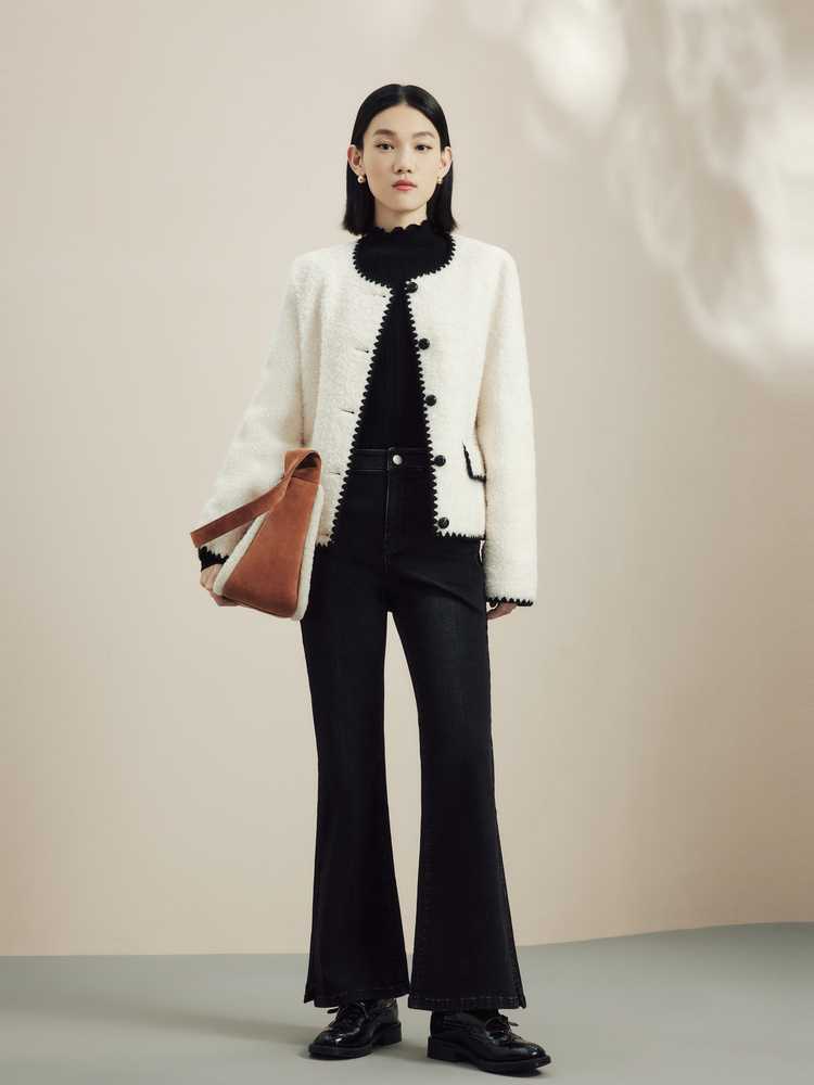 ノーカラージャケット ふわもこ温かみ柔らか素材ノーカラー上着