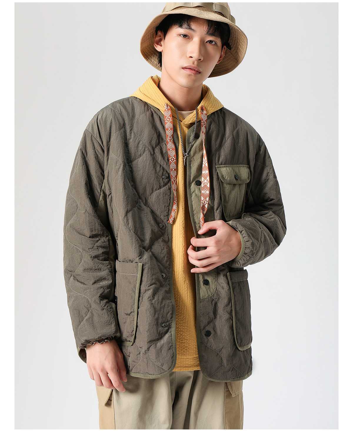 ノーカラージャケット 多機能ポケット付き防寒キルティング上着