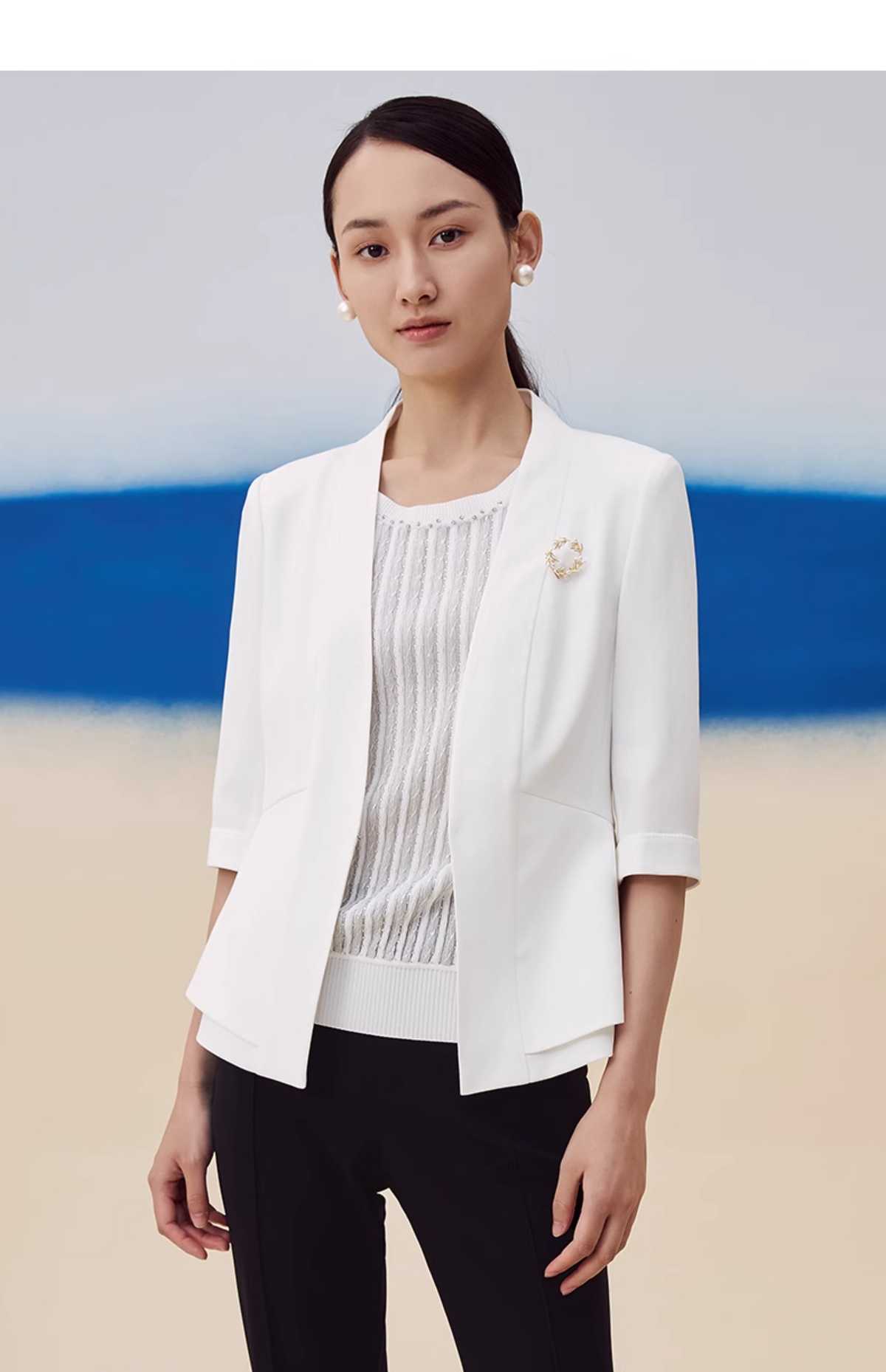 ノーカラージャケット 上品ノーカラー七分袖ジャケット