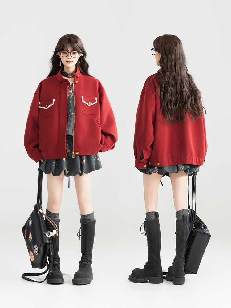 ノーカラージャケット ふわり暖か装飾ポケットジャケット