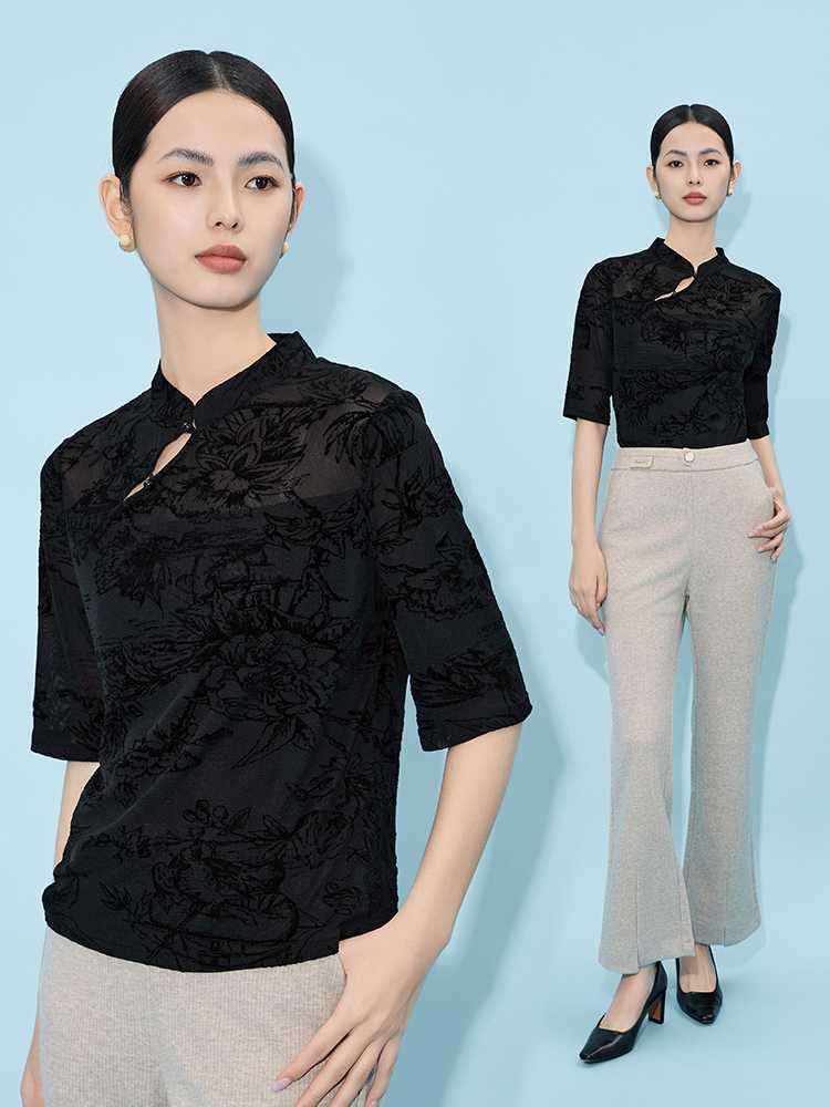 ノーカラージャケット 花模様の透かし彫り風チャイナトップス