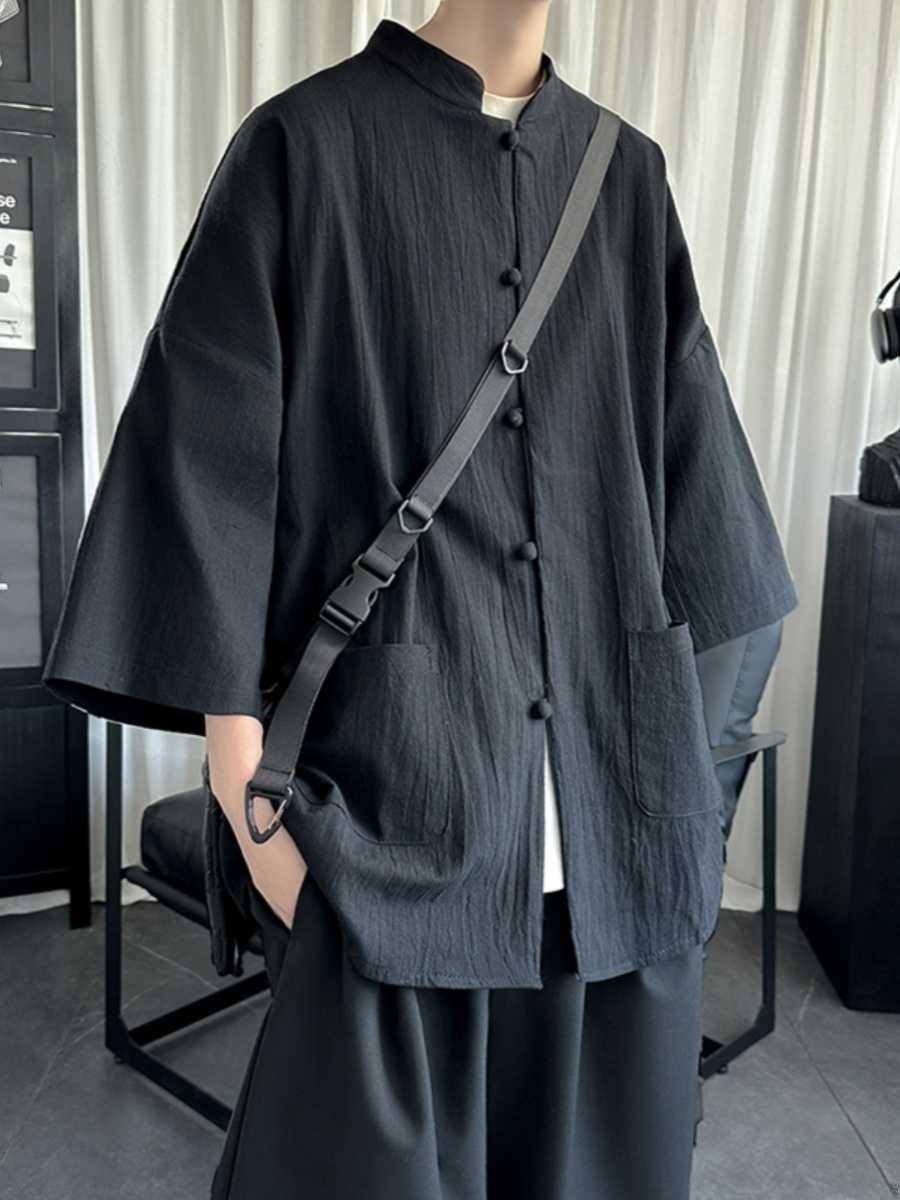 ノーカラージャケット 風合い豊かな立ち襟リネンシャツジャケット