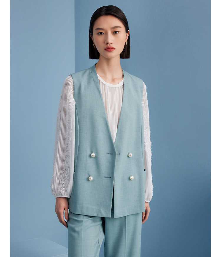 ノーカラージャケット 真珠釦のペールノーカラーベスト