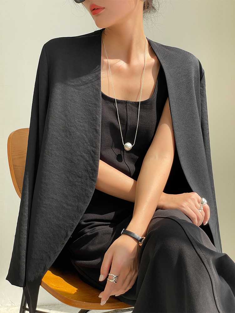 ノーカラージャケット 洗練ノーカラーリネンケープジャケット