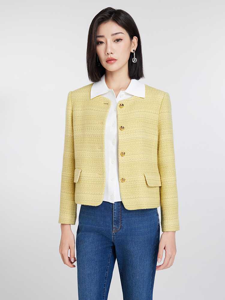 ノーカラージャケット 上品な白襟付きツイードジャケット