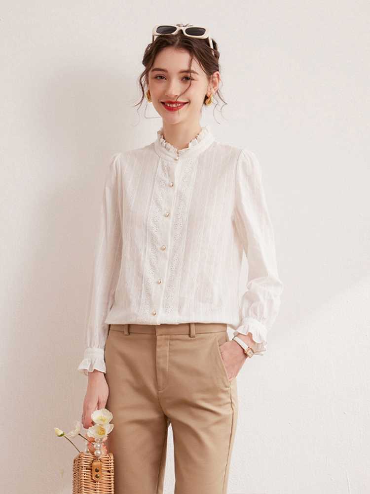 ノーカラージャケット ノーカラージャケット フリル襟 レース装飾リネンブラウス