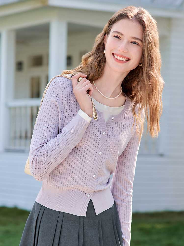 ノーカラージャケット 透かし編みノーカラージャケット