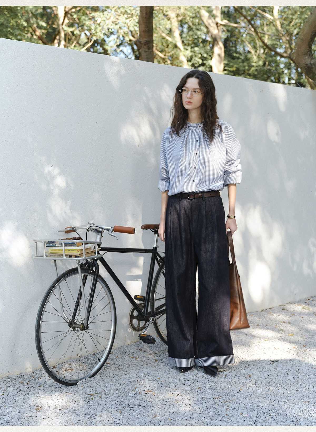 ノーカラージャケット ノーカラージャケット 風薫る格子柄リネンブラウス