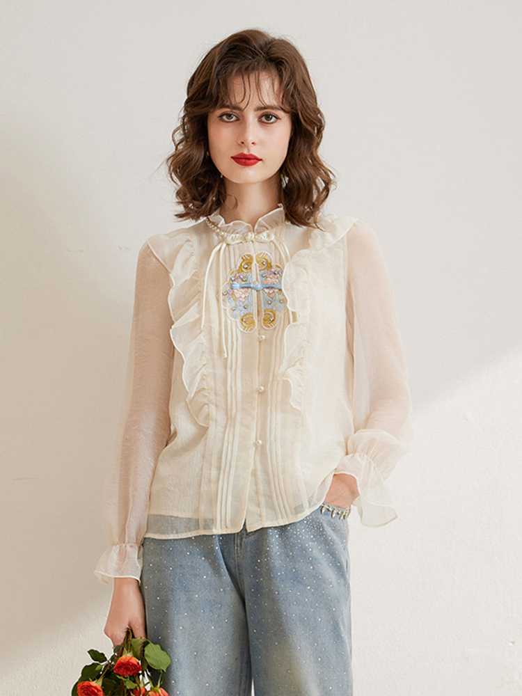 ノーカラージャケット ノーカラージャケット 優美フリル刺繍リネンブラウス