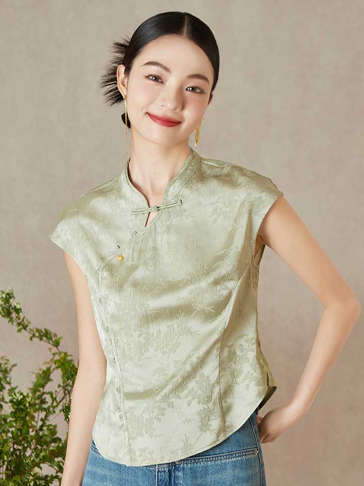 ノーカラージャケット ノーカラージャケット 花と鳥の織り柄チャイナ風リネントップス