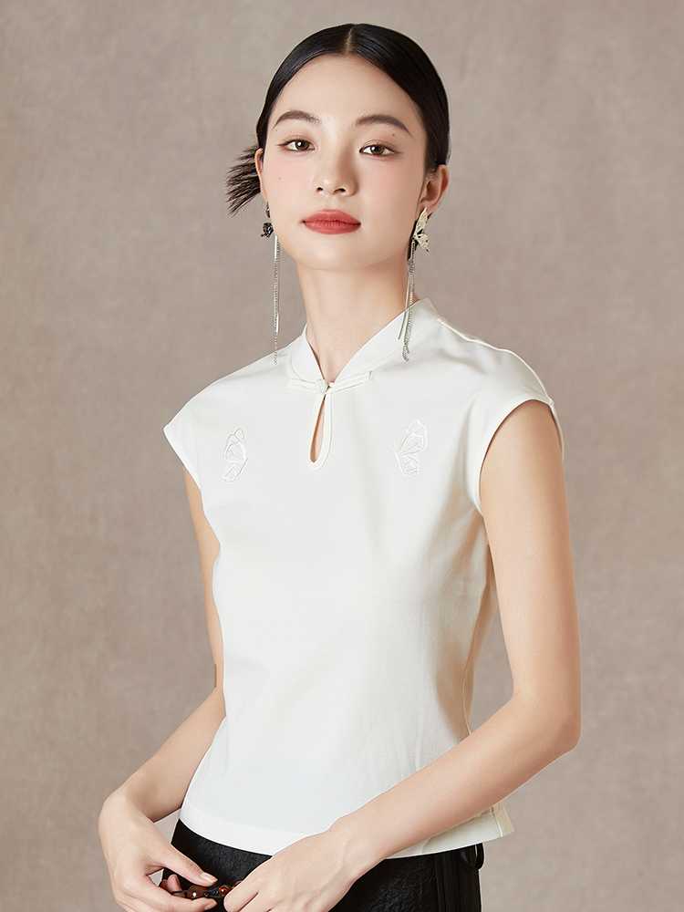 ノーカラージャケット ノーカラージャケット 蝶々刺繍 チャイナ風リネンブラウス