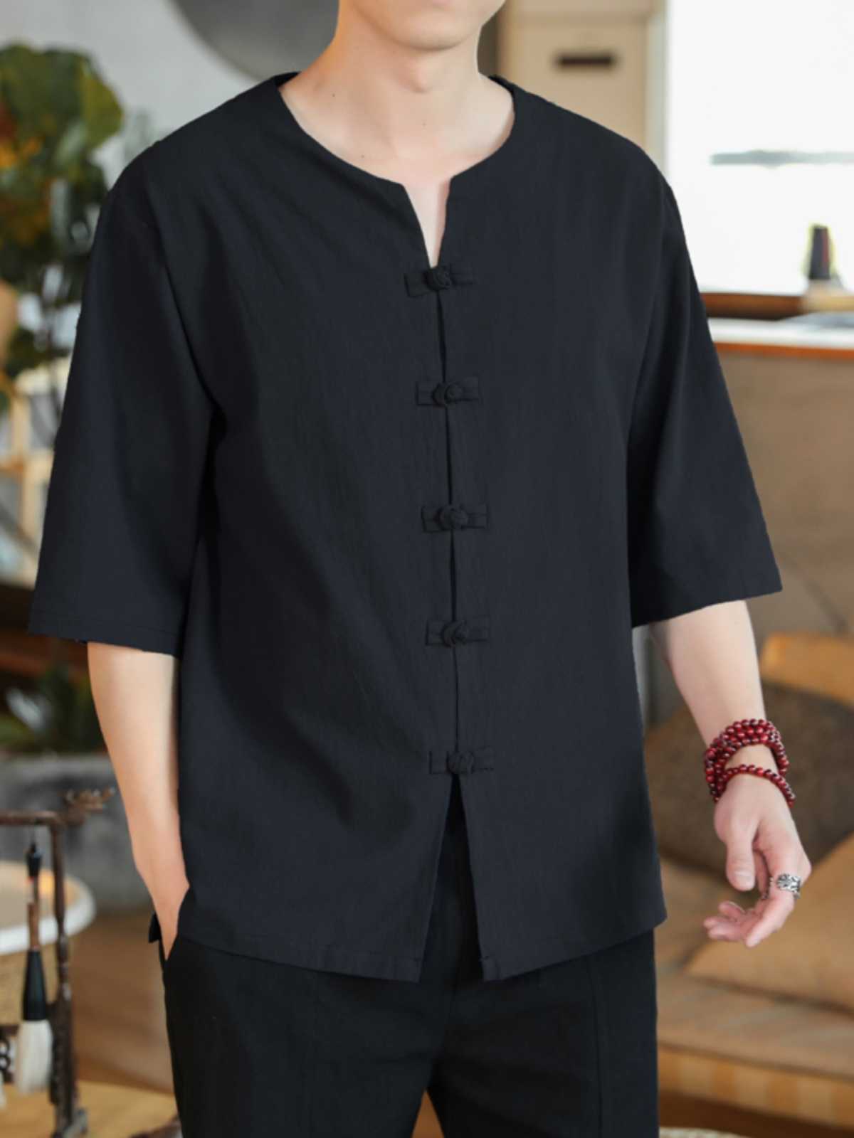 ノーカラージャケット ノーカラージャケット 和風結び目ノーカラー半袖