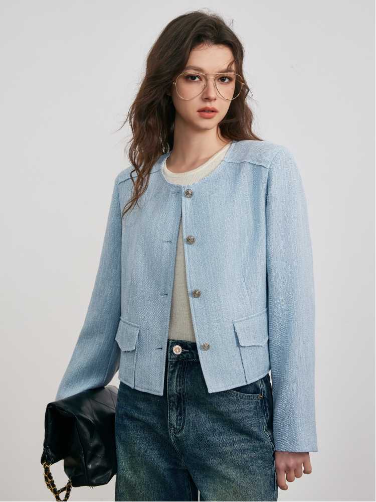 ノーカラージャケット 洗練シルエット リネンジャケット