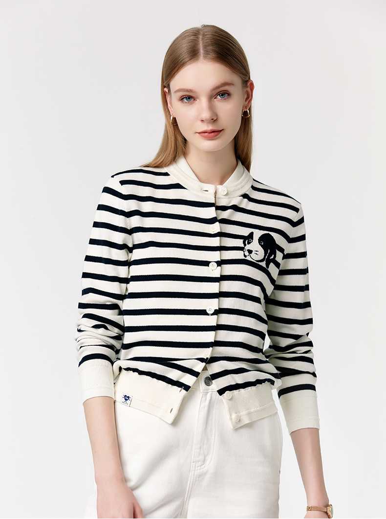 ノーカラージャケット 犬刺繍 ボーダーリネンジャケット