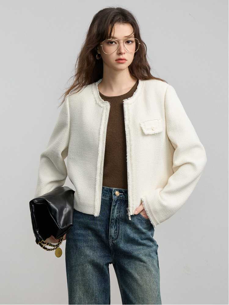 ノーカラージャケット フリンジデザイン ツイードショート丈
