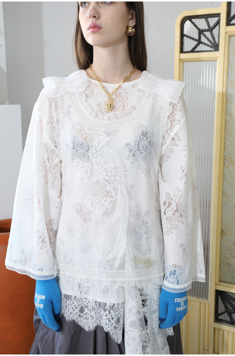ノーカラージャケット 花刺繍レース付きリネンブラウス