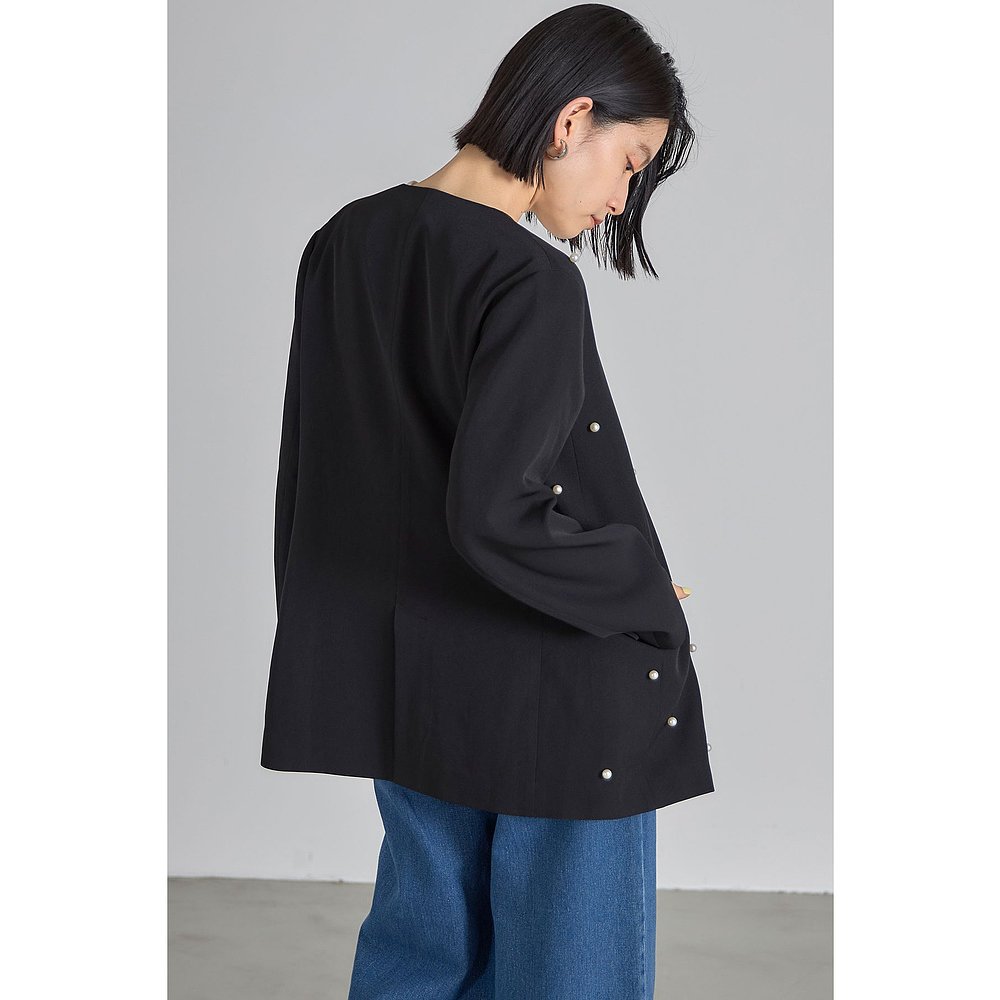 ノーカラージャケット ノーカラージャケット 真珠飾り麻混ノーカラー上着