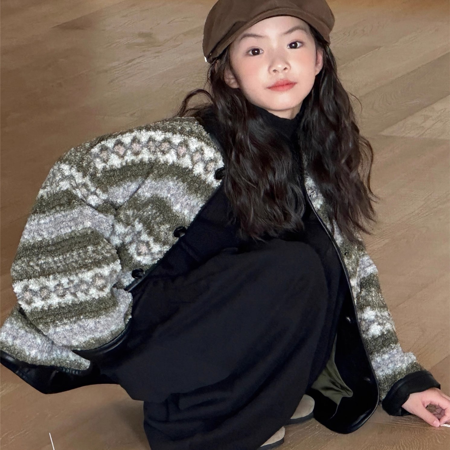 ノーカラージャケット 韓国子供服ニット ノルディック柄カーディガン