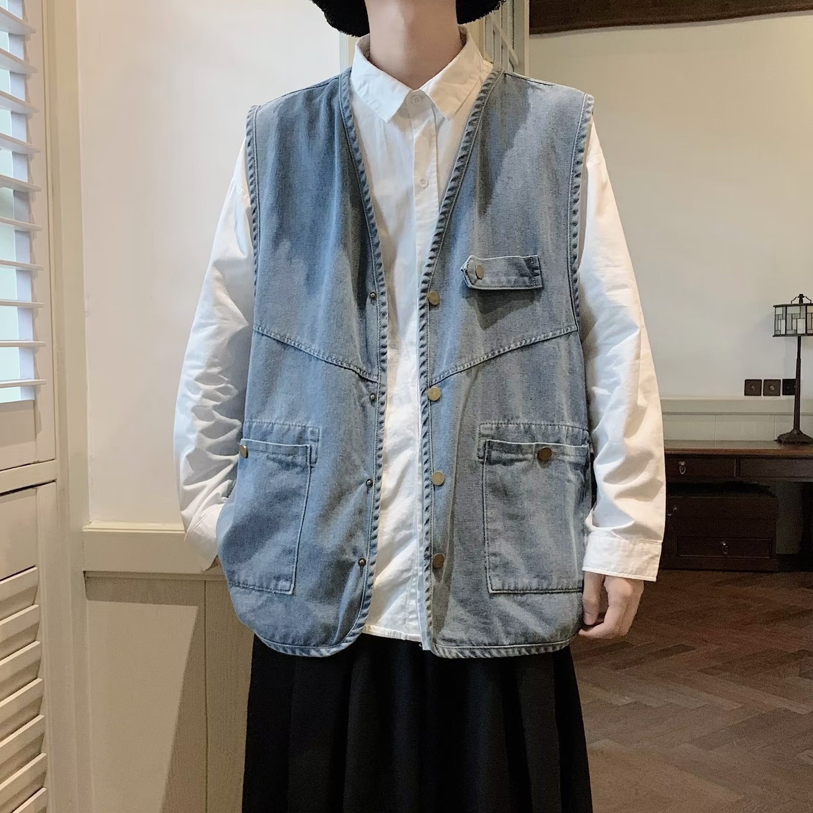 ノーカラージャケット デニム地 ノーカラーベスト