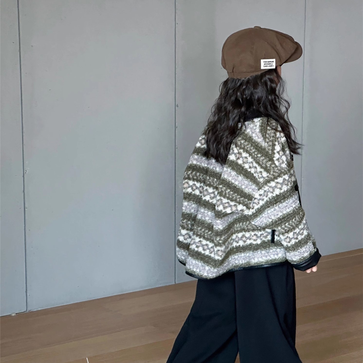 ノーカラージャケット 韓国子供服ニット ノルディック柄カーディガン
