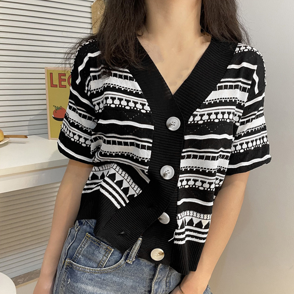 ノーカラージャケット レトロ柄 ノーカラーニットカーディガン