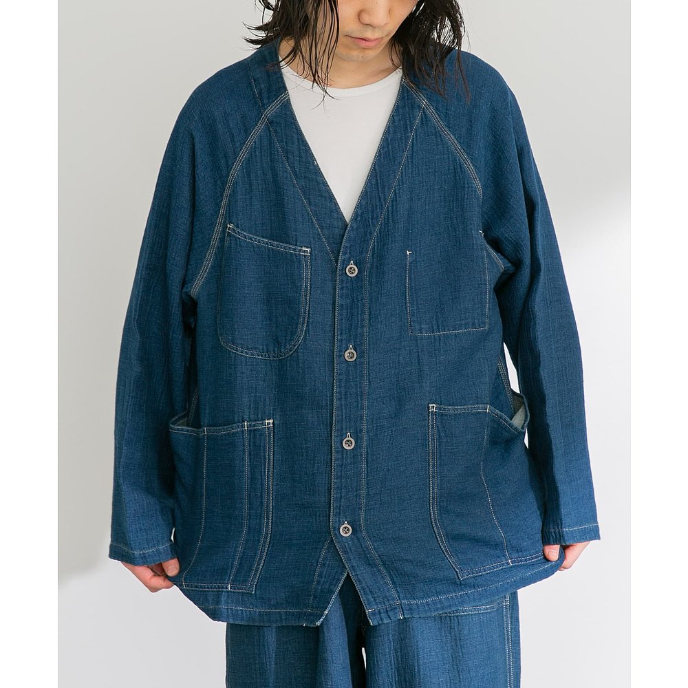ノーカラージャケット マルチポケット麻織りカーディガン