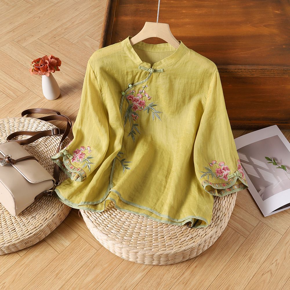 ノーカラージャケット 花刺繍チャイナ風リネンブラウス