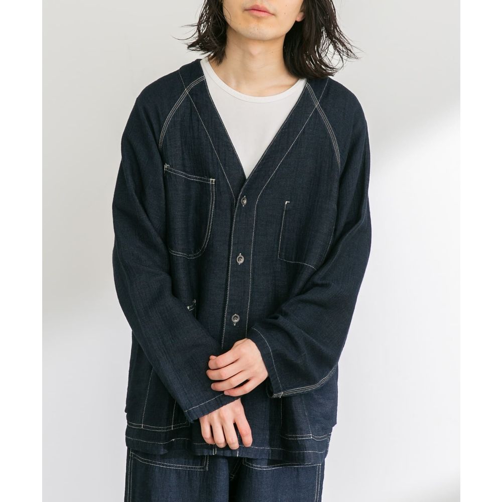 ノーカラージャケット マルチポケット麻織りカーディガン