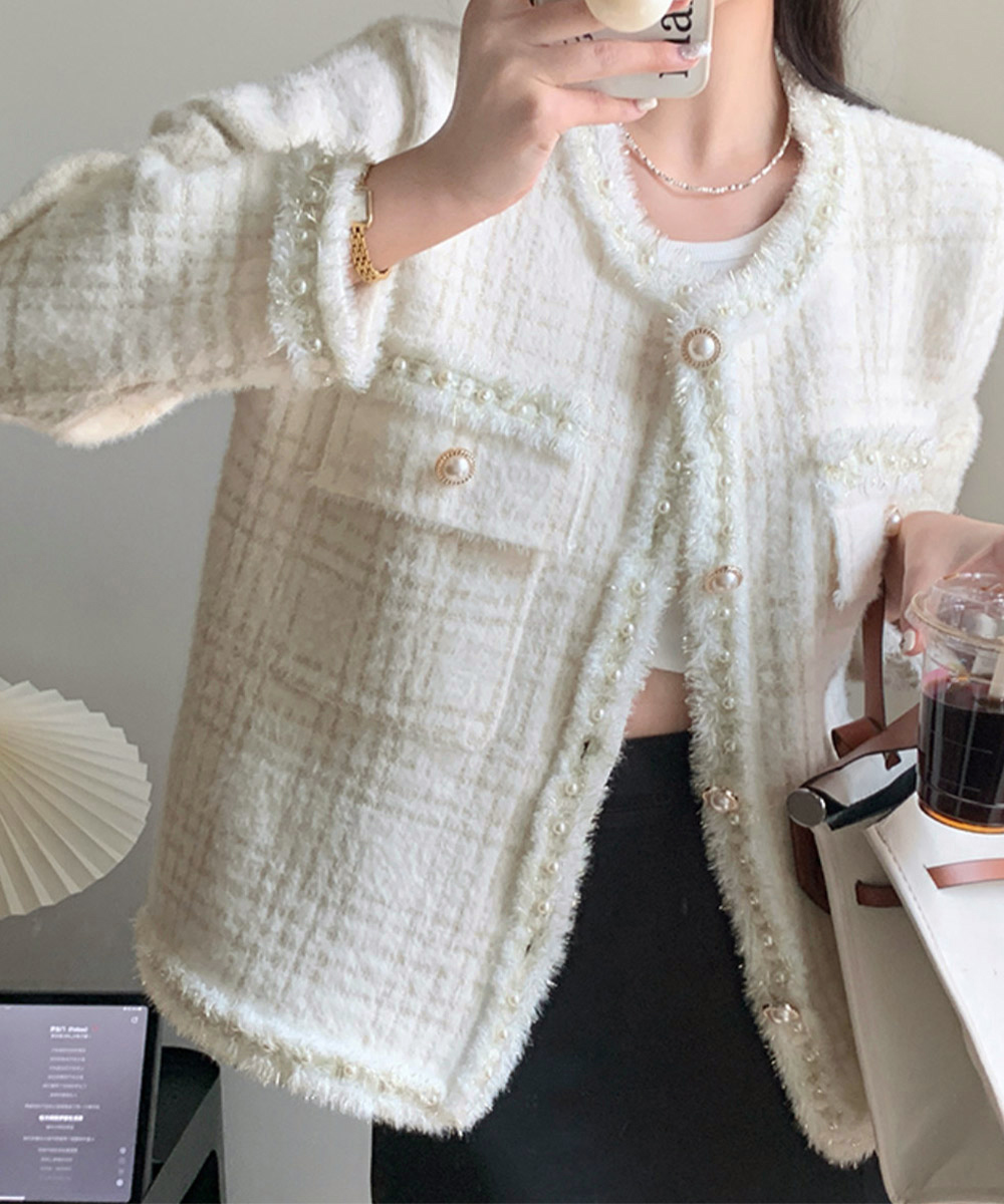 ノーカラージャケット ふわもこツイード風ジャケット 秋冬