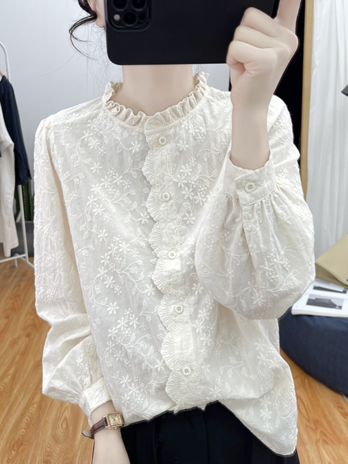 ノーカラージャケット ノーカラージャケット 花刺繍フリルネックリネンブラウス